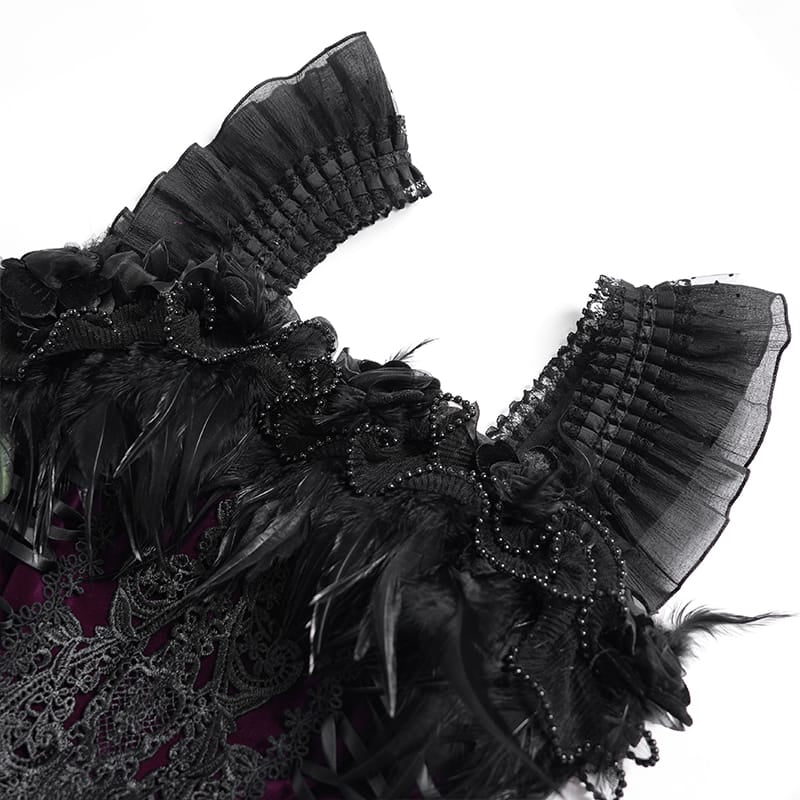 DEVIL FASHION Women's Gothic Lace-up Embroidered Feather Trim Slip Dress Black-Purple