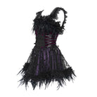 DEVIL FASHION Women's Gothic Lace-up Embroidered Feather Trim Slip Dress Black-Purple