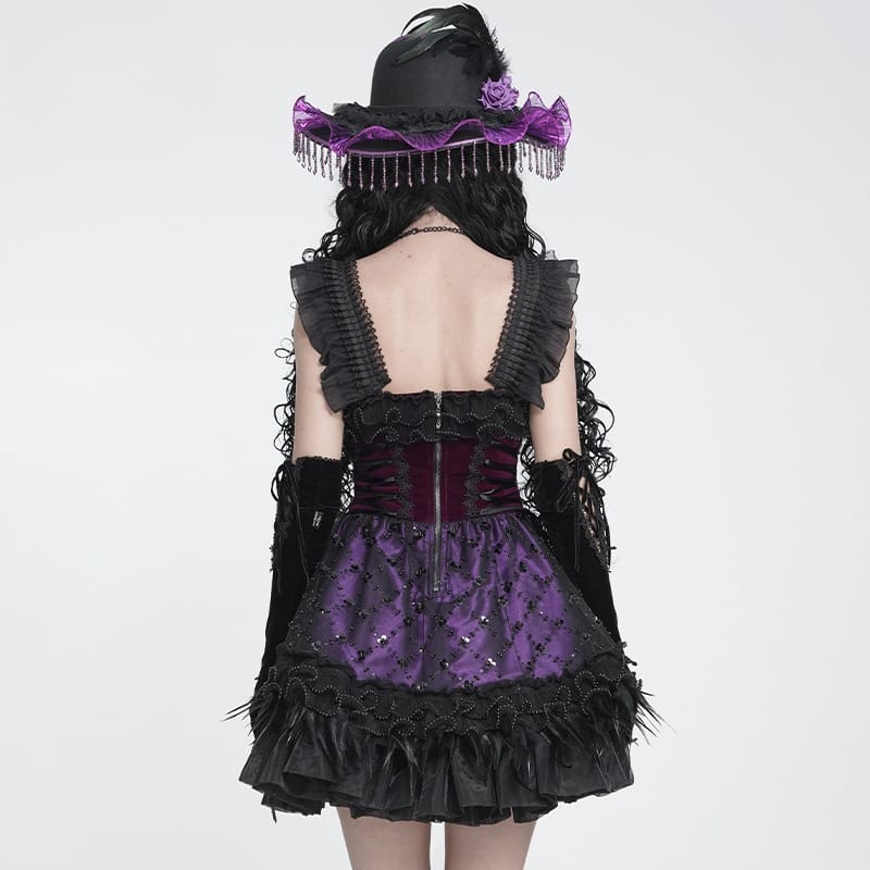 DEVIL FASHION Women's Gothic Lace-up Embroidered Feather Trim Slip Dress Black-Purple