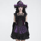 DEVIL FASHION Women's Gothic Lace-up Embroidered Feather Trim Slip Dress Black-Purple