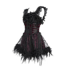 DEVIL FASHION Women's Gothic Lace-up Embroidered Feather Trim Slip Dress Black-Red