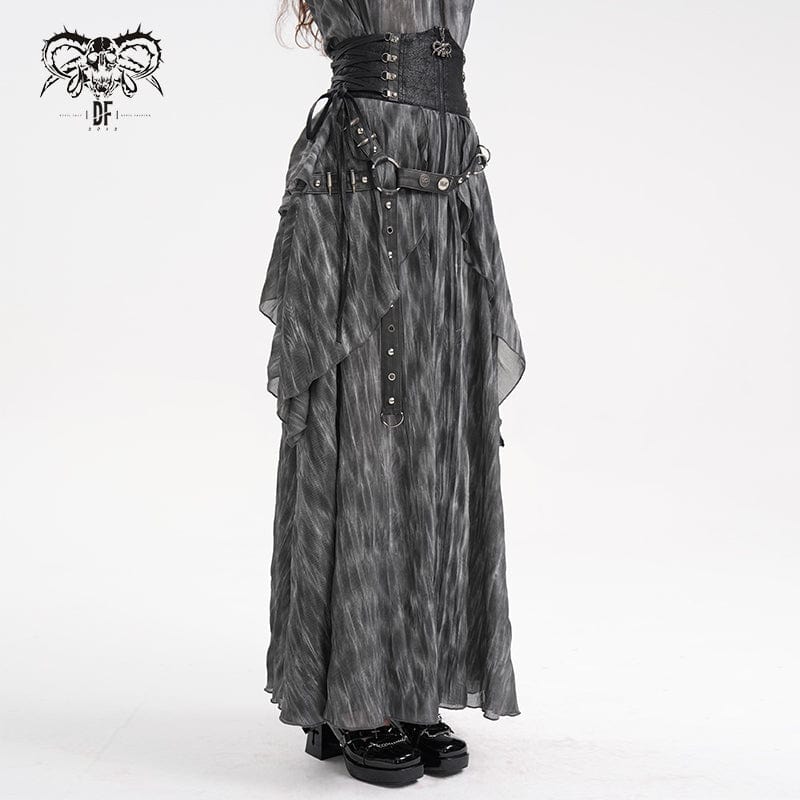 DEVIL FASHION Women's Gothic Lace-up Eyelets Rivets Long Skirt