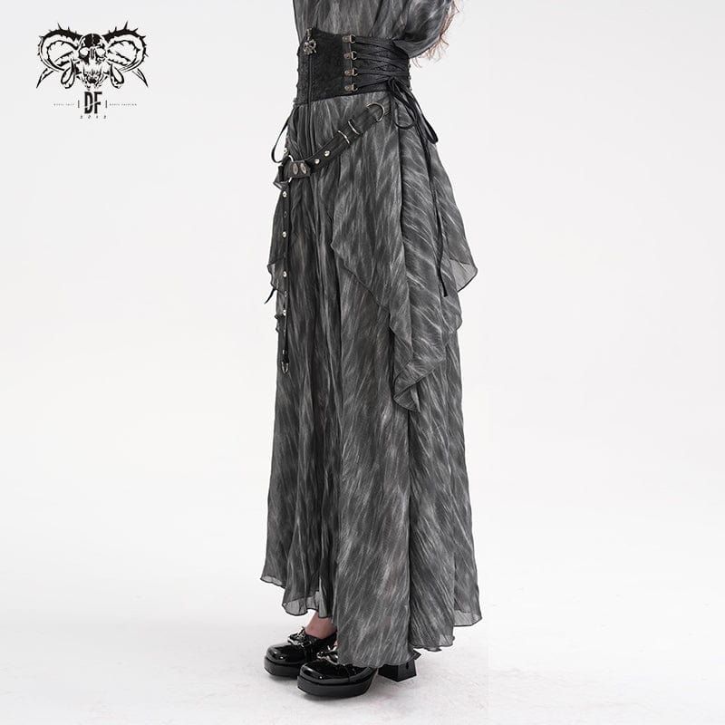 DEVIL FASHION Women's Gothic Lace-up Eyelets Rivets Long Skirt