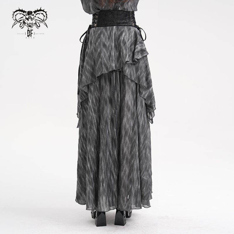 DEVIL FASHION Women's Gothic Lace-up Eyelets Rivets Long Skirt