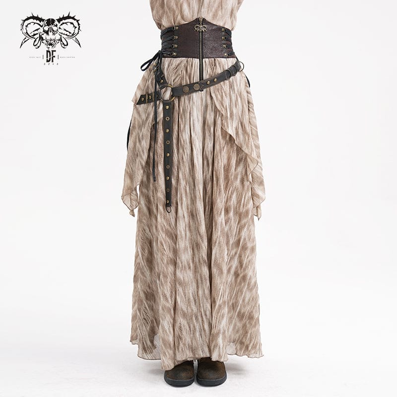 DEVIL FASHION Women's Gothic Lace-up Eyelets Rivets Long Skirt Coffee