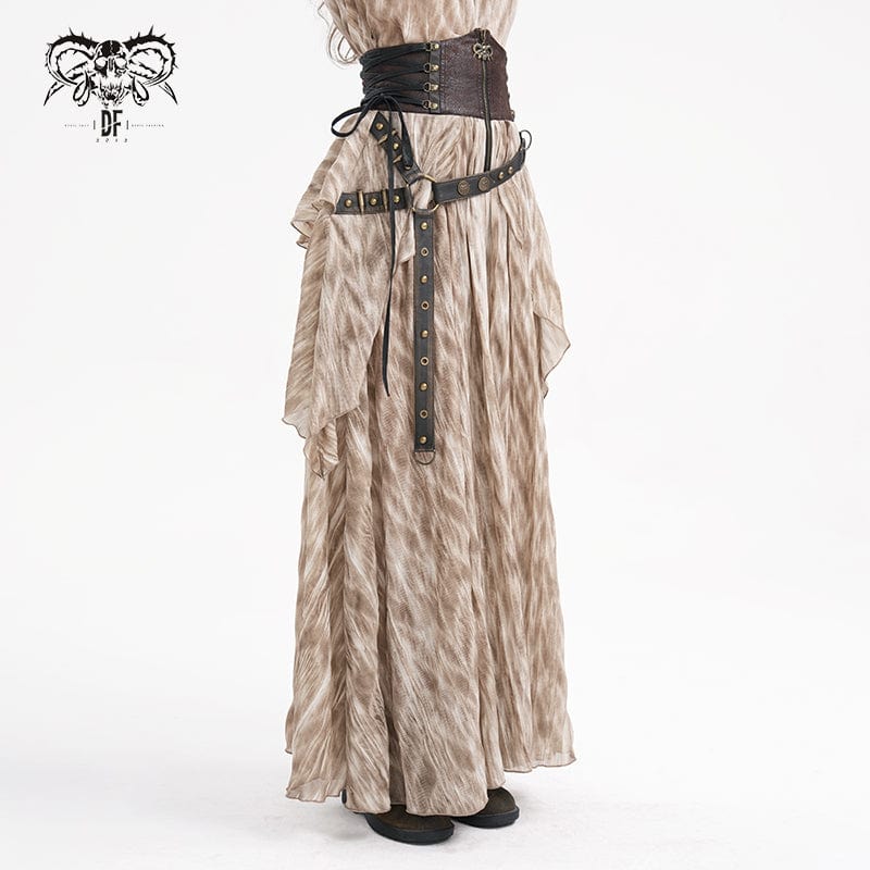 DEVIL FASHION Women's Gothic Lace-up Eyelets Rivets Long Skirt Coffee