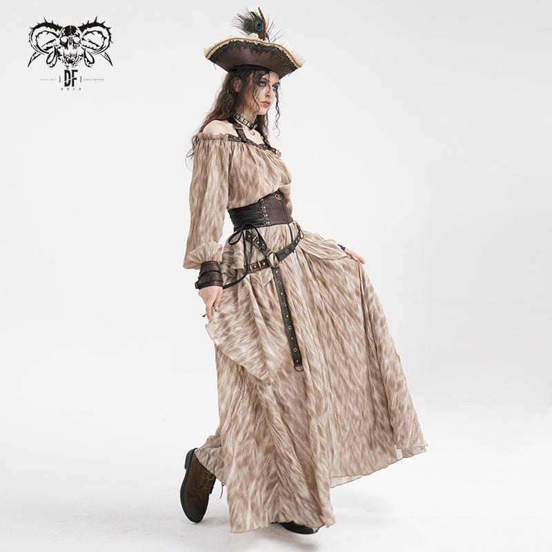 DEVIL FASHION Women's Gothic Lace-up Eyelets Rivets Long Skirt Coffee