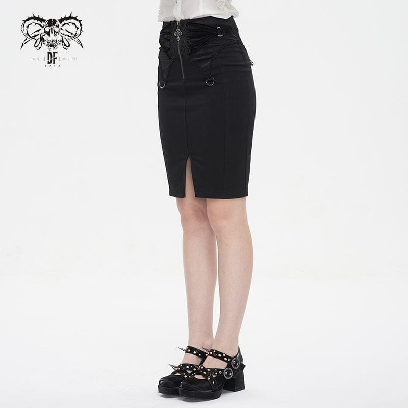 DEVIL FASHION Women's Gothic Lace-up Floral Embroidered Split Skirt