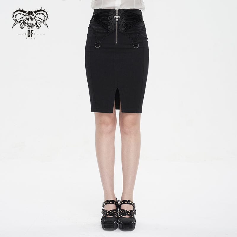 DEVIL FASHION Women's Gothic Lace-up Floral Embroidered Split Skirt