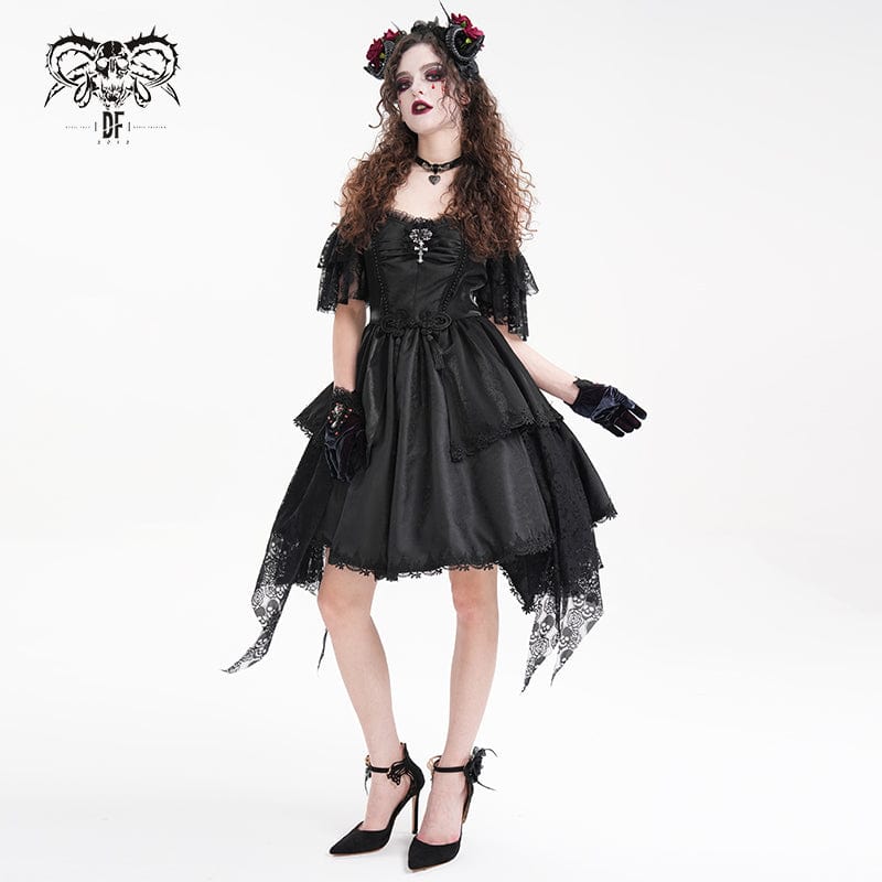 DEVIL FASHION Women's Gothic Lace-up Halter Lace Irregular Hem Dress