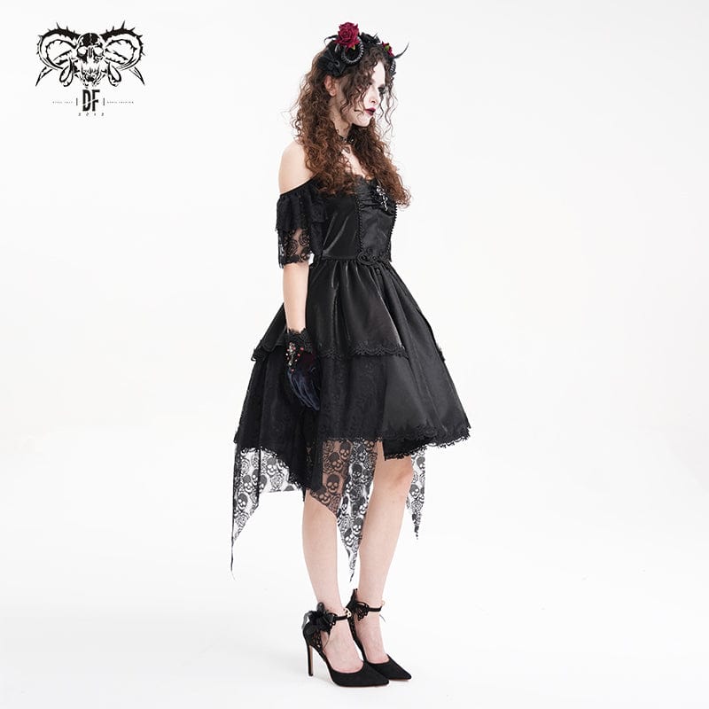 DEVIL FASHION Women's Gothic Lace-up Halter Lace Irregular Hem Dress