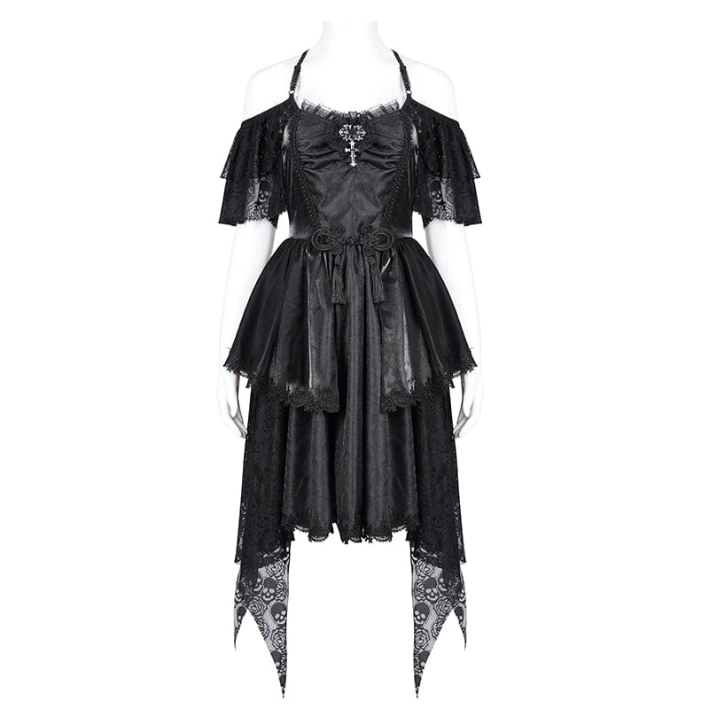 DEVIL FASHION Women's Gothic Lace-up Halter Lace Irregular Hem Dress