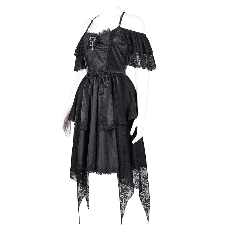 DEVIL FASHION Women's Gothic Lace-up Halter Lace Irregular Hem Dress