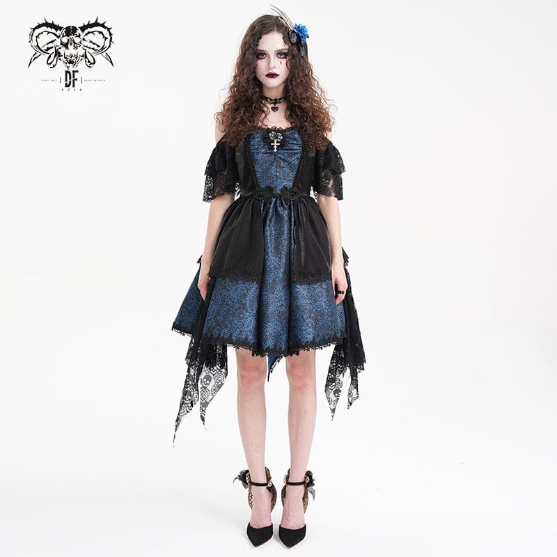 DEVIL FASHION Women's Gothic Lace-up Halter Lace Irregular Hem Dress Blue