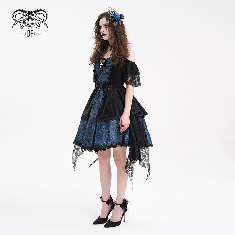 DEVIL FASHION Women's Gothic Lace-up Halter Lace Irregular Hem Dress Blue