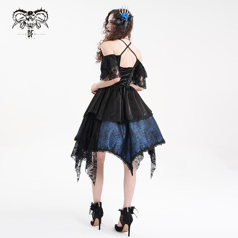 DEVIL FASHION Women's Gothic Lace-up Halter Lace Irregular Hem Dress Blue