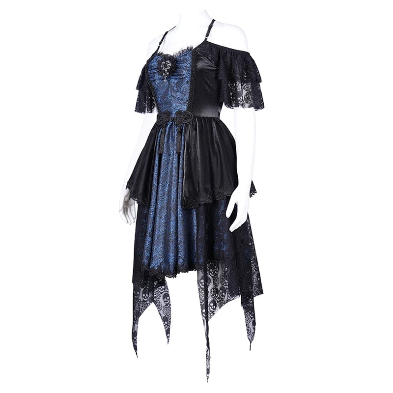 DEVIL FASHION Women's Gothic Lace-up Halter Lace Irregular Hem Dress Blue