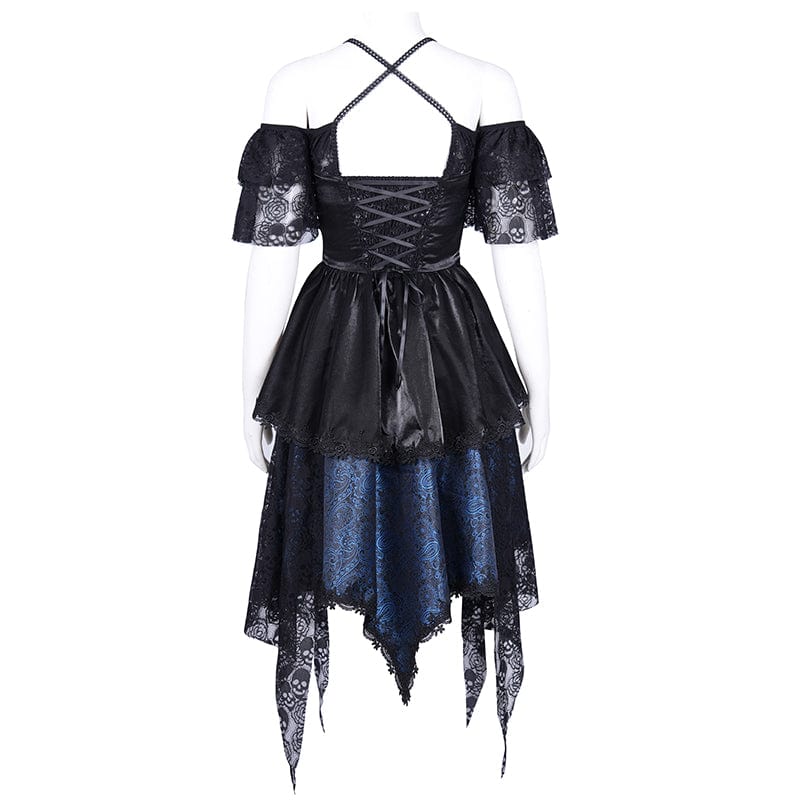 DEVIL FASHION Women's Gothic Lace-up Halter Lace Irregular Hem Dress Blue