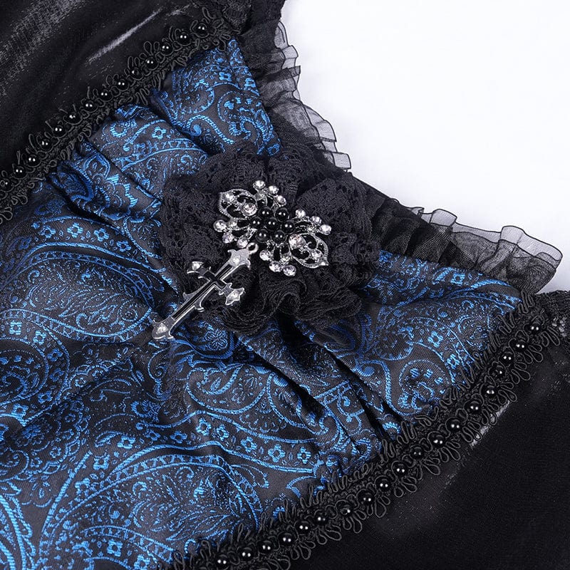 DEVIL FASHION Women's Gothic Lace-up Halter Lace Irregular Hem Dress Blue