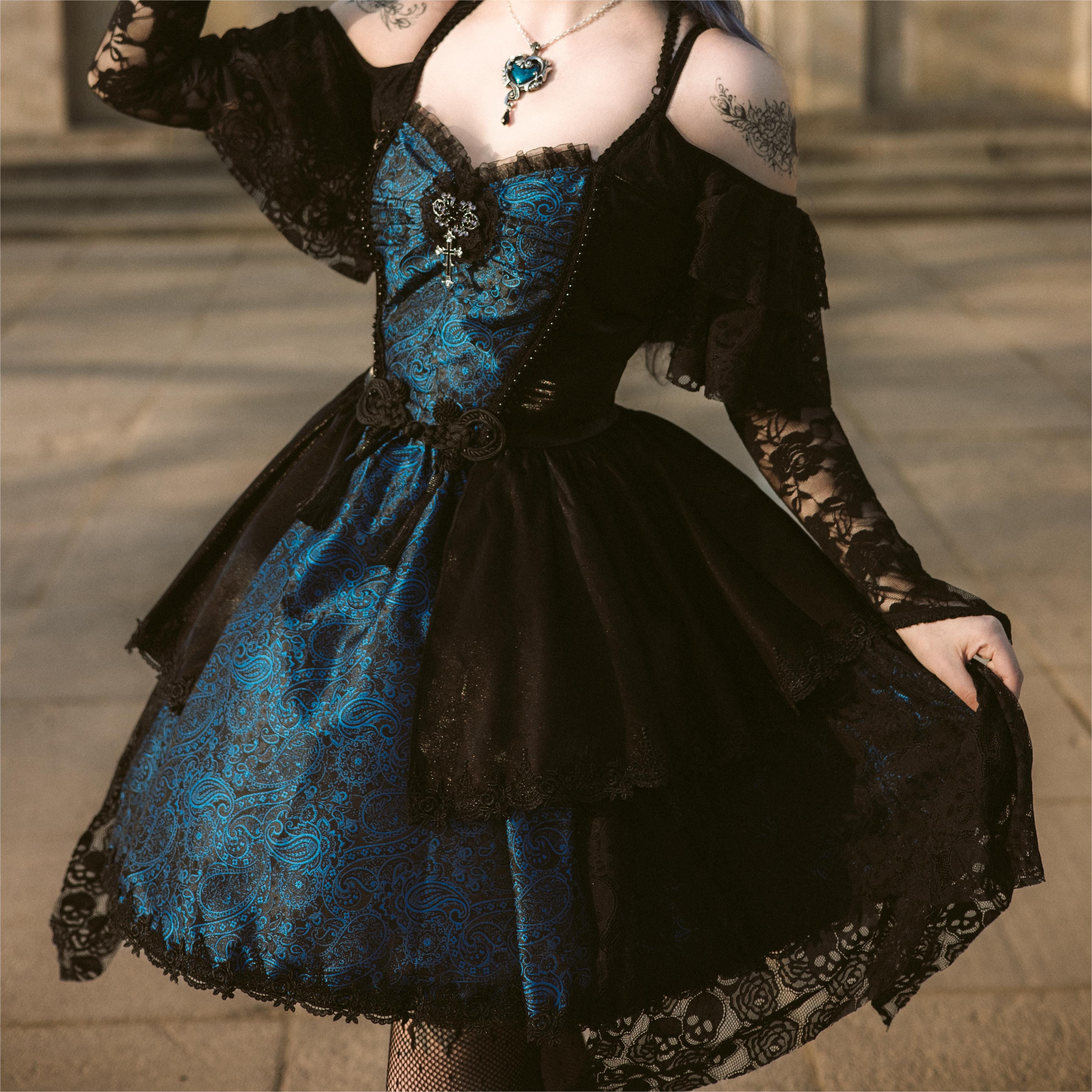 DEVIL FASHION Women's Gothic Lace-up Halter Lace Irregular Hem Dress Graduation Dress Blue