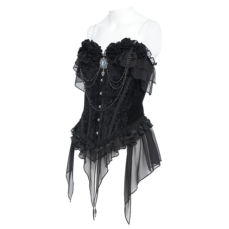 DEVIL FASHION Women's Gothic Lace-up Jacquard Overbust Corset with Asymmetrical Draped Sheer Chiffon Tails