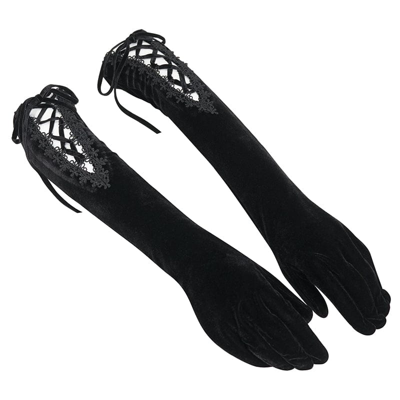 DEVIL FASHION Women's Gothic Lace-up Lace Hem Velvet Gloves Black