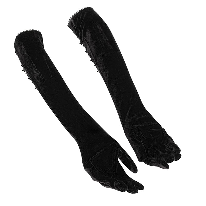 DEVIL FASHION Women's Gothic Lace-up Lace Hem Velvet Gloves Black