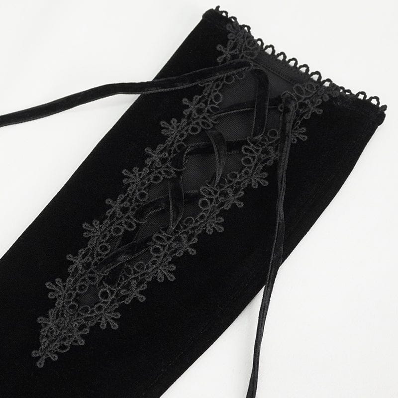 DEVIL FASHION Women's Gothic Lace-up Lace Hem Velvet Gloves Black