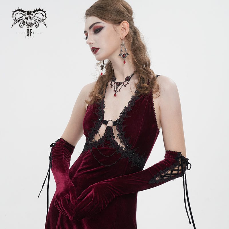 DEVIL FASHION Women's Gothic Lace-up Lace Hem Velvet Gloves Red