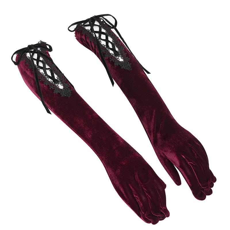 DEVIL FASHION Women's Gothic Lace-up Lace Hem Velvet Gloves Red