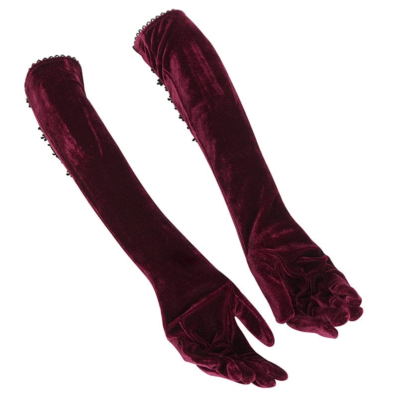 DEVIL FASHION Women's Gothic Lace-up Lace Hem Velvet Gloves Red