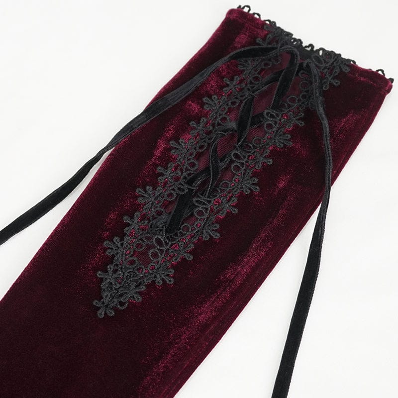 DEVIL FASHION Women's Gothic Lace-up Lace Hem Velvet Gloves Red