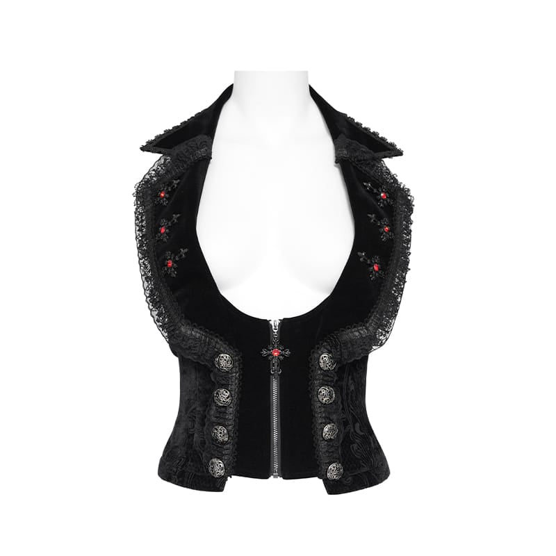 DEVIL FASHION Women's Gothic Lace-up Lapel Jacquard Sleeveless Tailcoat