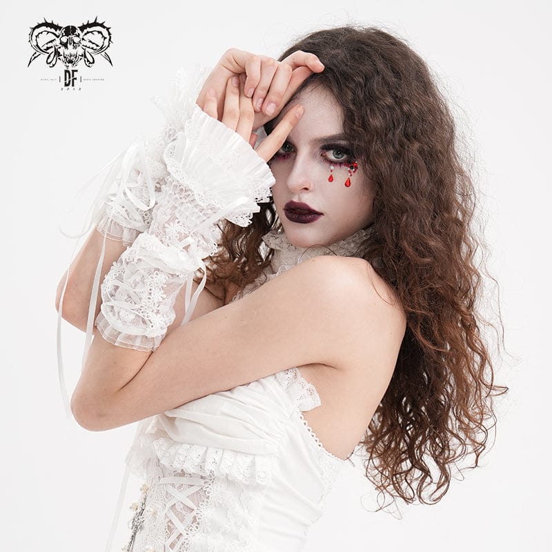 DEVIL FASHION Women's Gothic Lace-up Mesh Lace Arm Sleeves White