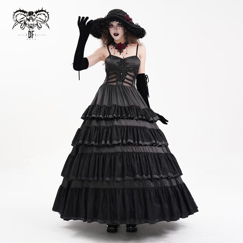 DEVIL FASHION Women's Gothic Lace-up Mesh Lace Slip Dress