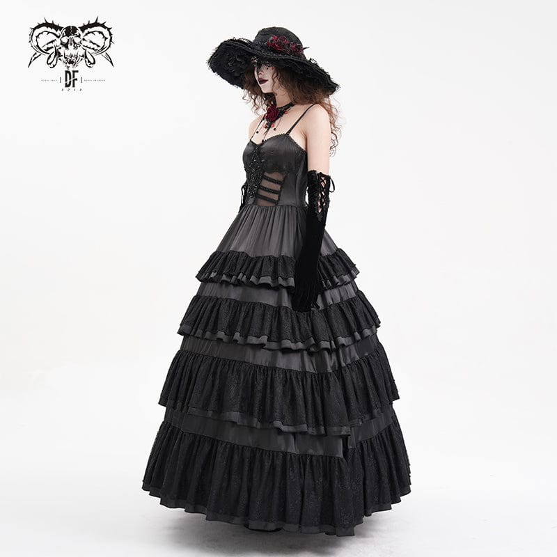 DEVIL FASHION Women's Gothic Lace-up Mesh Lace Slip Dress