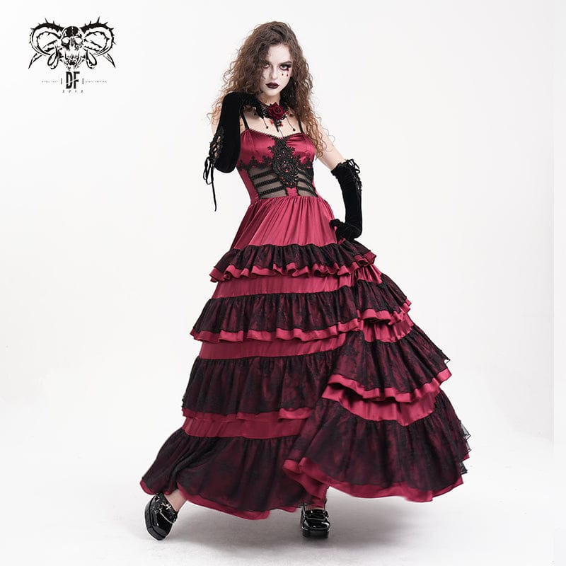 DEVIL FASHION Women's Gothic Lace-up Mesh Lace Slip Dress Red