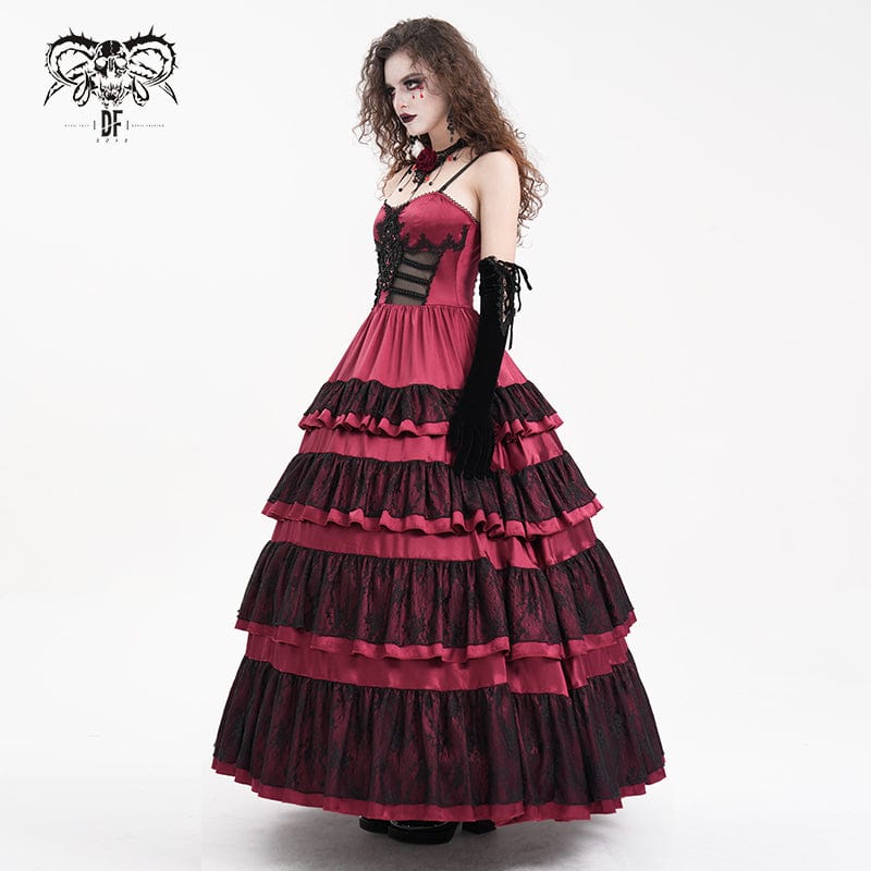 DEVIL FASHION Women's Gothic Lace-up Mesh Lace Slip Dress Red