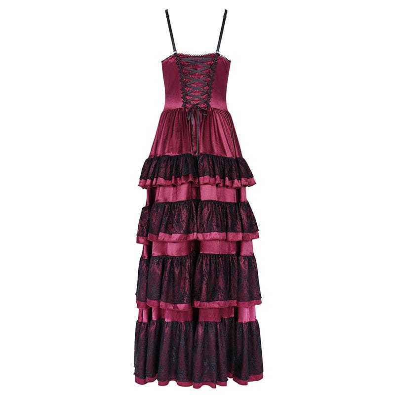 DEVIL FASHION Women's Gothic Lace-up Mesh Lace Slip Dress Red