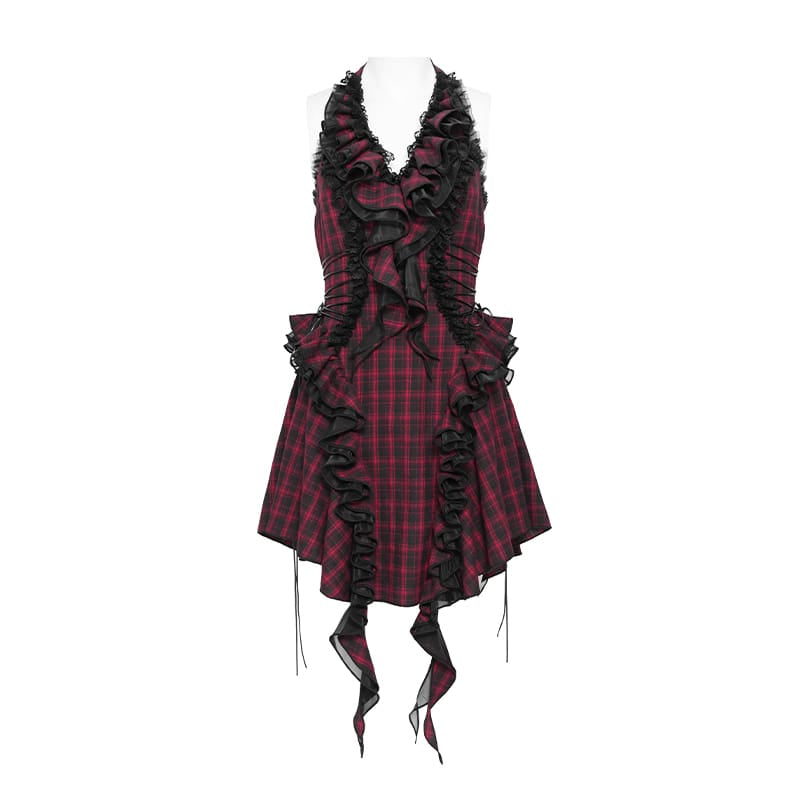 DEVIL FASHION Women's Gothic Lace-up Ruffle Halter Plaid Dress
