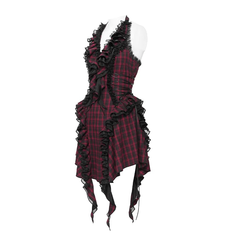 DEVIL FASHION Women's Gothic Lace-up Ruffle Halter Plaid Dress