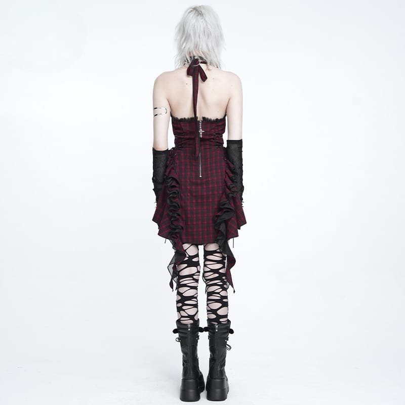 DEVIL FASHION Women's Gothic Lace-up Ruffle Halter Plaid Dress