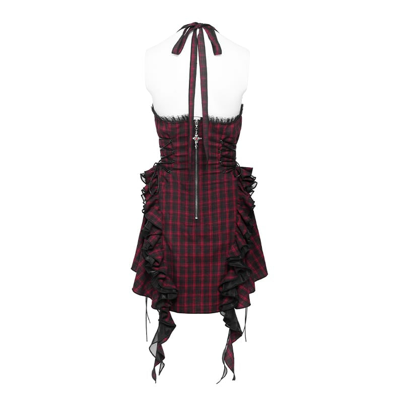 DEVIL FASHION Women's Gothic Lace-up Ruffle Halter Plaid Dress