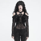 DEVIL FASHION Women's Gothic Lace-up Thorny Vine Off Shoulder Mesh Top