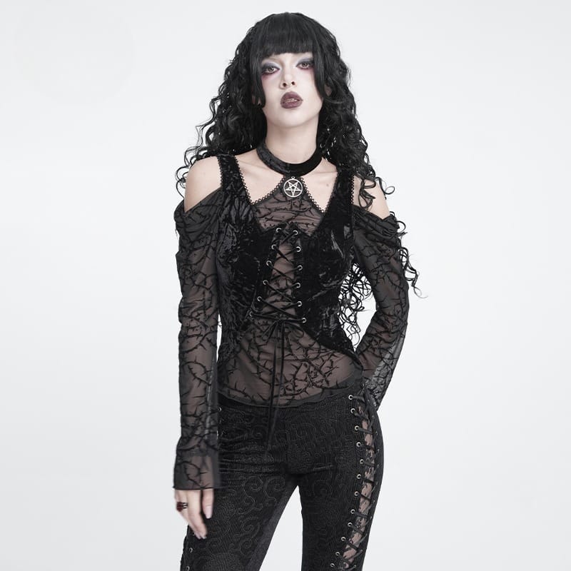 DEVIL FASHION Women's Gothic Lace-up Thorny Vine Off Shoulder Mesh Top