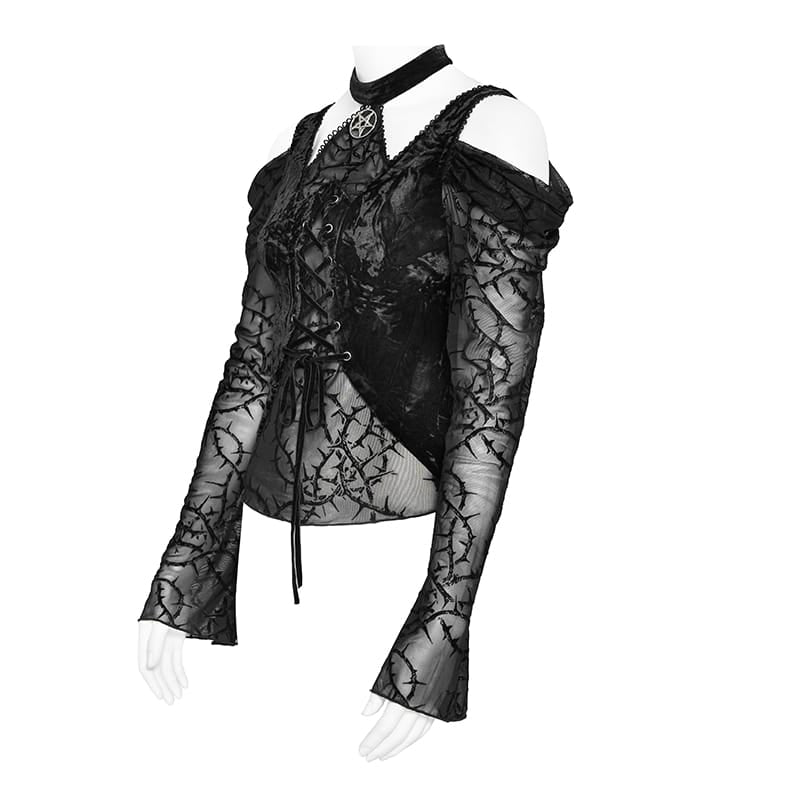 DEVIL FASHION Women's Gothic Lace-up Thorny Vine Off Shoulder Mesh Top