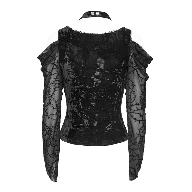 DEVIL FASHION Women's Gothic Lace-up Thorny Vine Off Shoulder Mesh Top