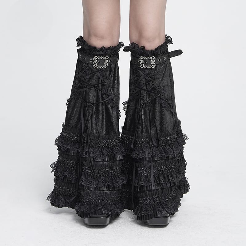 DEVIL FASHION Women's Gothic Layered Lace-Trimmed Buckle-up Leg Warmers