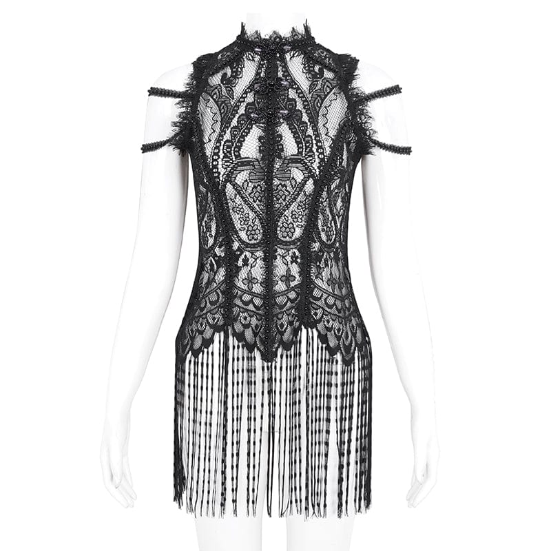 DEVIL FASHION Women's Gothic Mesh Floral Crocheted Lace Top