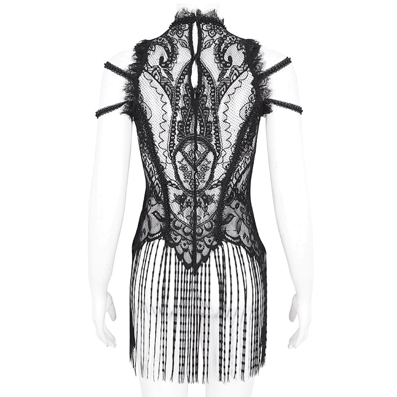 DEVIL FASHION Women's Gothic Mesh Floral Crocheted Lace Top